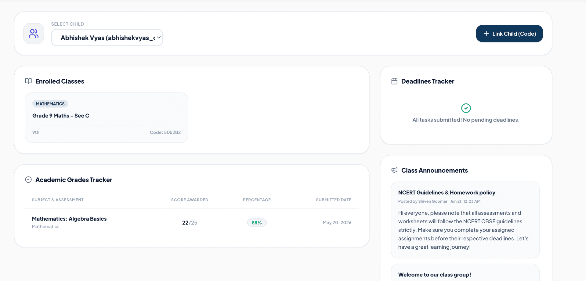 Parent Analytics Portal screen 1